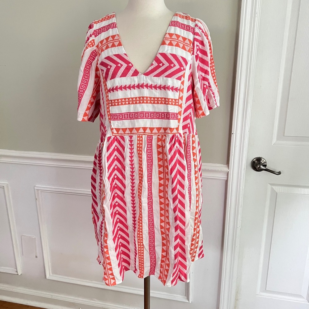 Babydoll Mini Dress Women Large Geometric Tribal Pink Orange Summer Boho